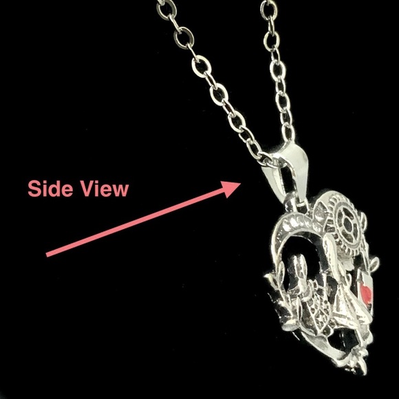 Alice In Wonderland Necklace Pendant and Chain Women’s Silver Tone Red Heart - Picture 7 of 16